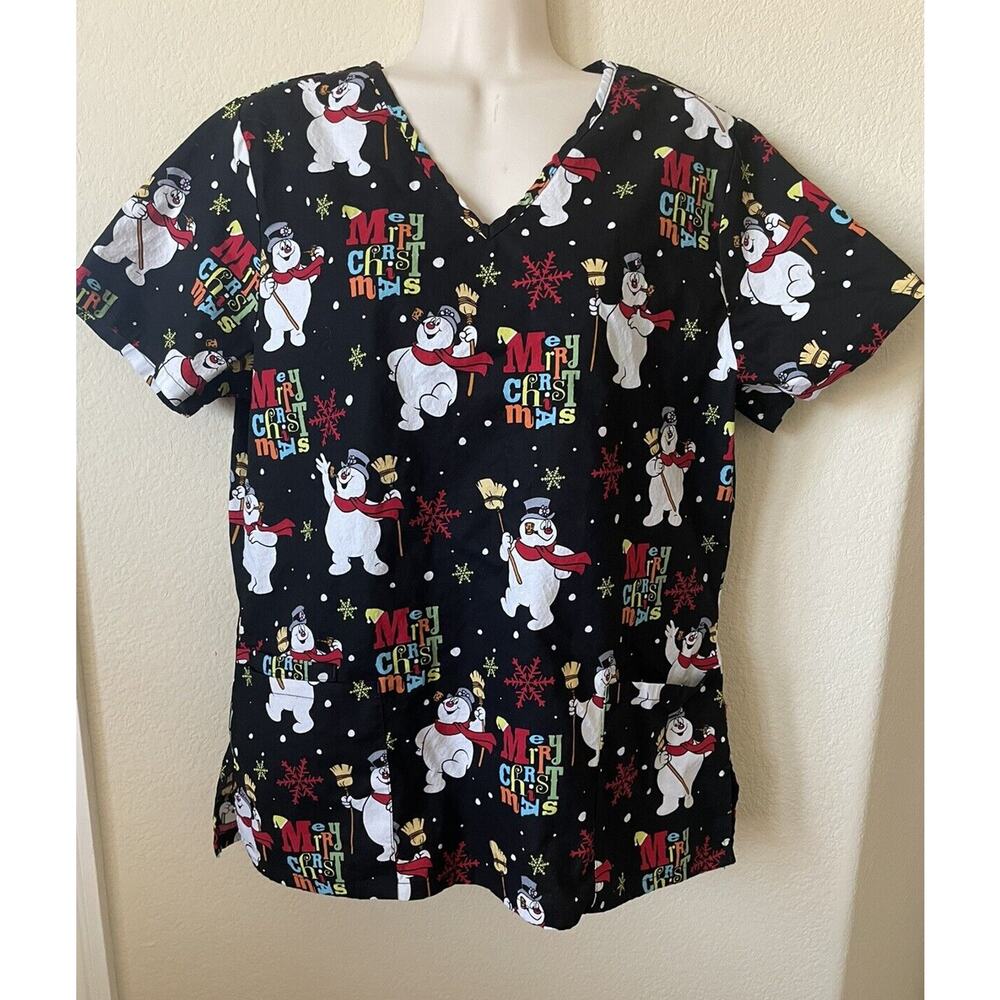Frosty The Snowman Snowflake Christmas Print V Neck Women’s Scrub Top Size M